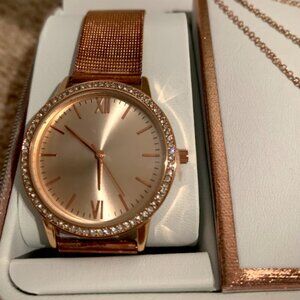 Rose Gold Watch + Heart, Lock, Key Necklaces New in Box, Untouched